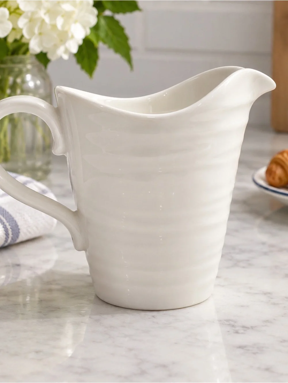 Portmeirion White Ceramic Pitcher with Subtle Ribbing 15 oz
